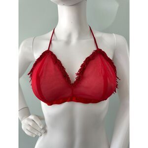 Vintage 60s Red Sheer Halter Neck Bra Fringe Trim Sexy Burlesque Lingerie size M